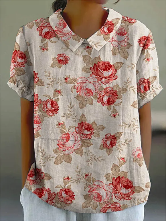 Women's Vintage Lovely Floral Art Print Casual Cotton And Linen Shirt
