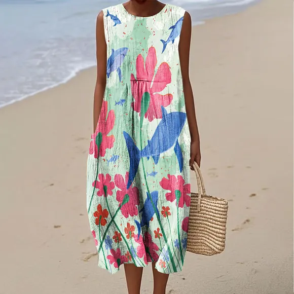 Women's Vintage Floral Shark Art Print Sleeveless Cotton Pocket Wrap Dress