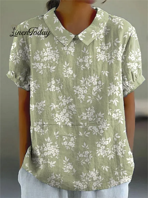Spring Floral Silhouette Repeat Pattern Printed Women's Casual Cotton And Linen Shirt