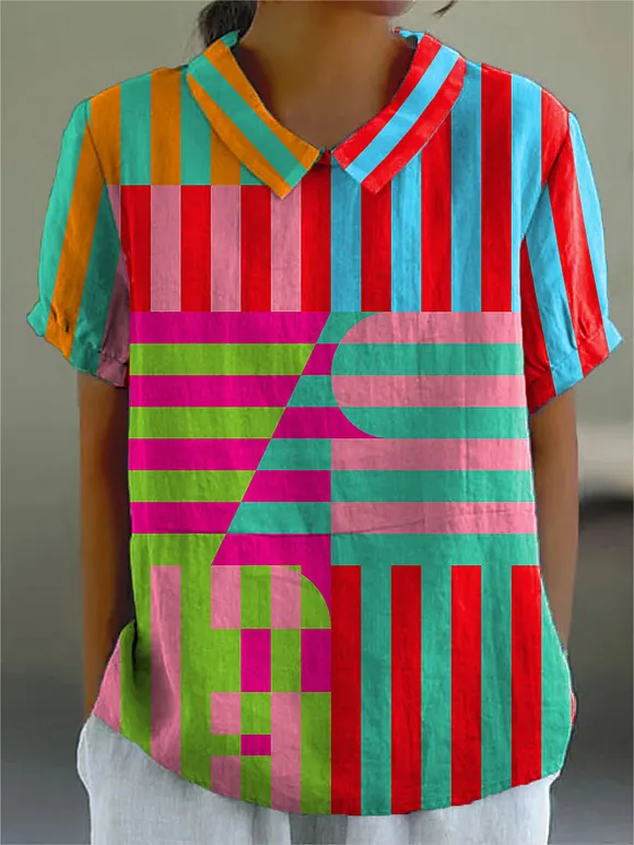 Women's Abstract Geometric Pattern Art Print Casual Cotton And Linen Shirt