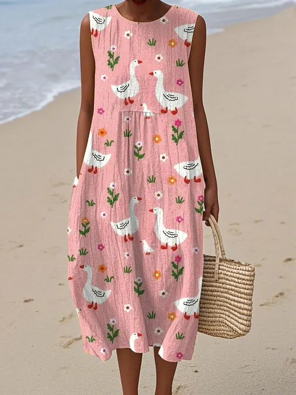 Women's  Funny Goose Floral Art Print Sleeveless Cotton Pocket Wrap Dress