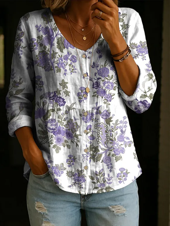 Women's Floral Pattern Art Print Casual Cotton Shirt
