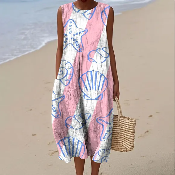 Women's Simple Shell and Starfish Art Print Sleeveless Cotton Pocket Wrap Dress
