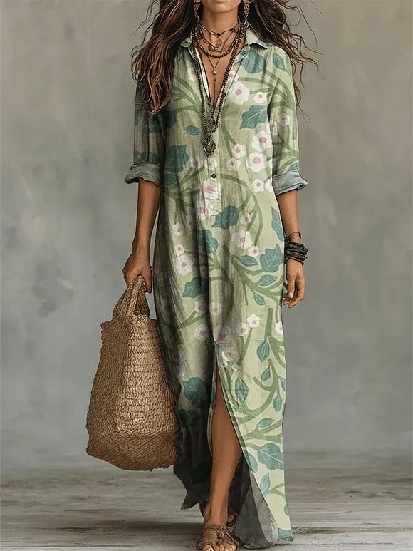 Women's Flower Print Casual Solid-color Linen-cotton Dress