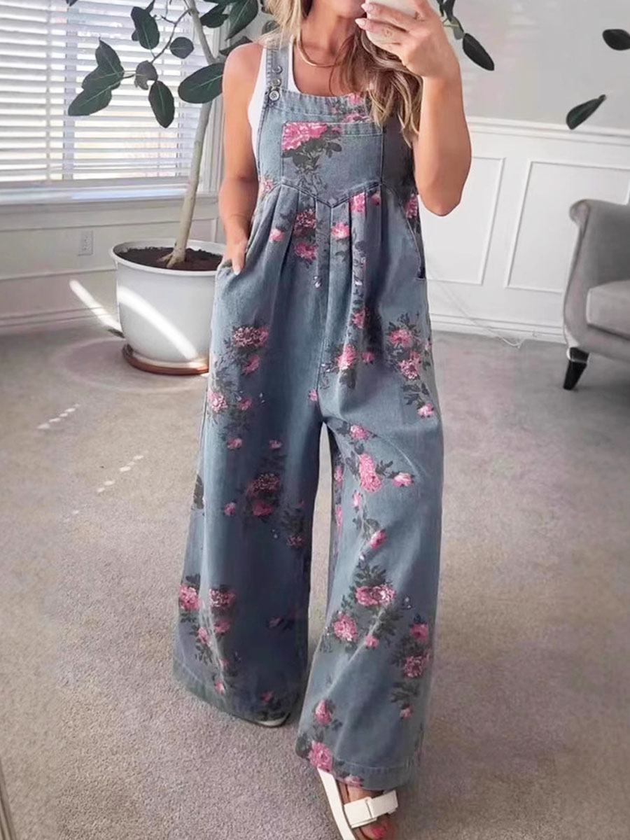 Women's Sleeveless Printed Casual Pocket Suspender Wide Leg Jumpsuit