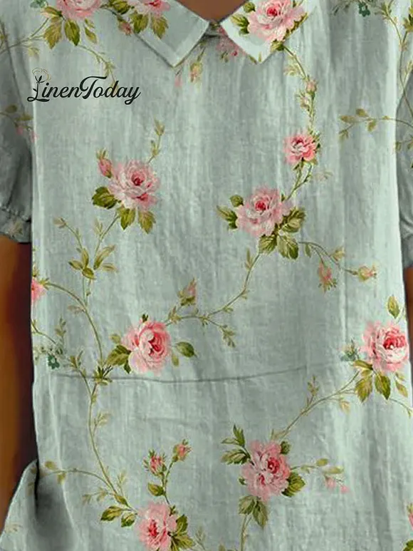 Women's Vintage Floral Art Print Casual Cotton And Linen Shirt