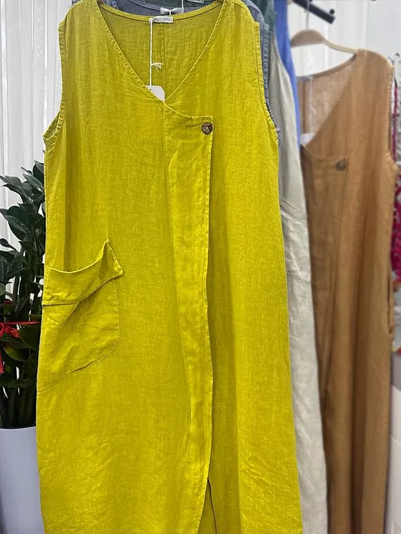Women's Solid V-neck Sleeveless Vest Casual Linen Dress