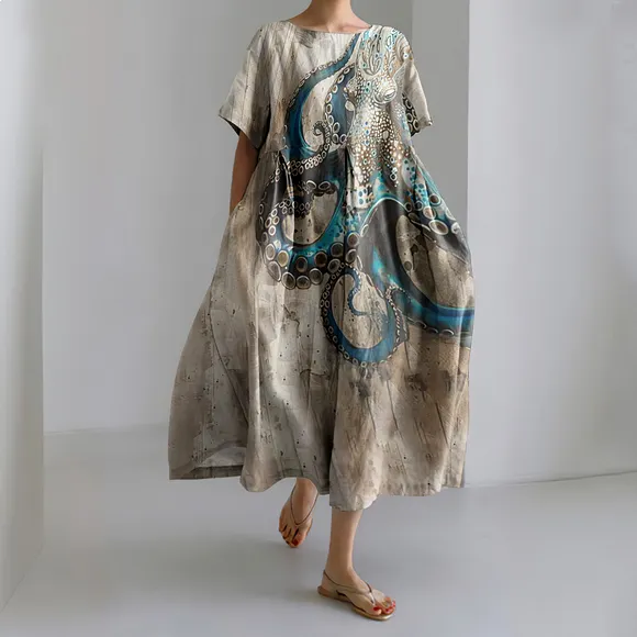 Vintage Octopus Art Print Short Sleeve Loose Midi Dress