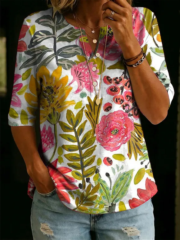 Women’s Floral Pattern Art Casual Classic Henley Collar 100% Cotton T-shirt