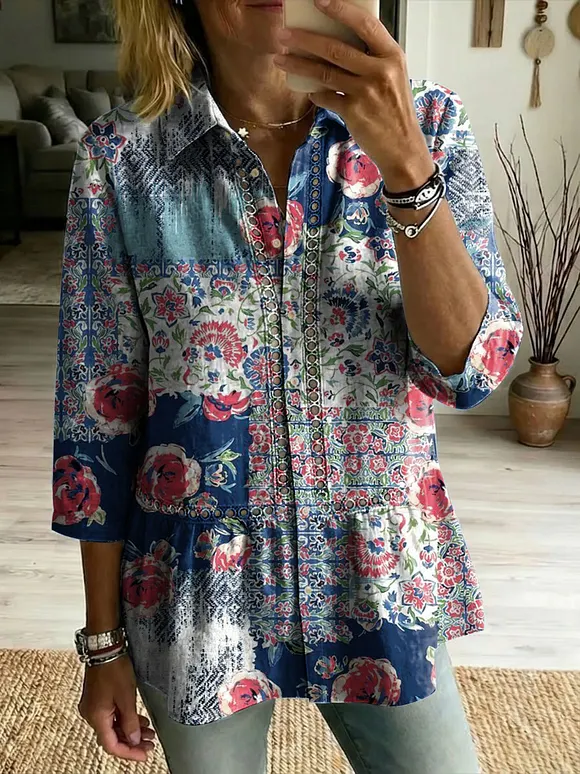 Floral Flowers Art Patterns Casual Patchwork Openwork Webbing Linen And Cotton Shirt