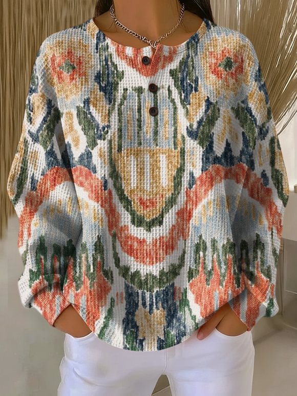 Women's Simple Retro Pattern Art Print Casual Cotton Shirt