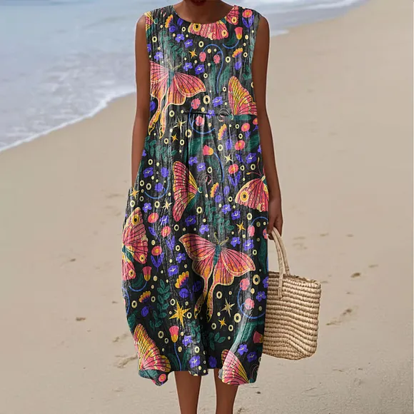 Women's Vintage Flowers Butterfly Art Print Sleeveless Cotton Pocket Wrap Dress