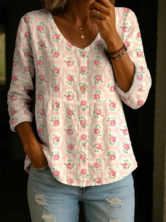 Women's Retro Small Flower Print Casual Cotton Shirt