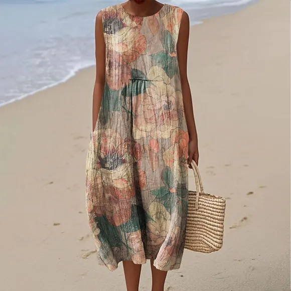 Women's Vintage Floral Pattern Art Print Sleeveless Cotton Pocket Wrap Dress