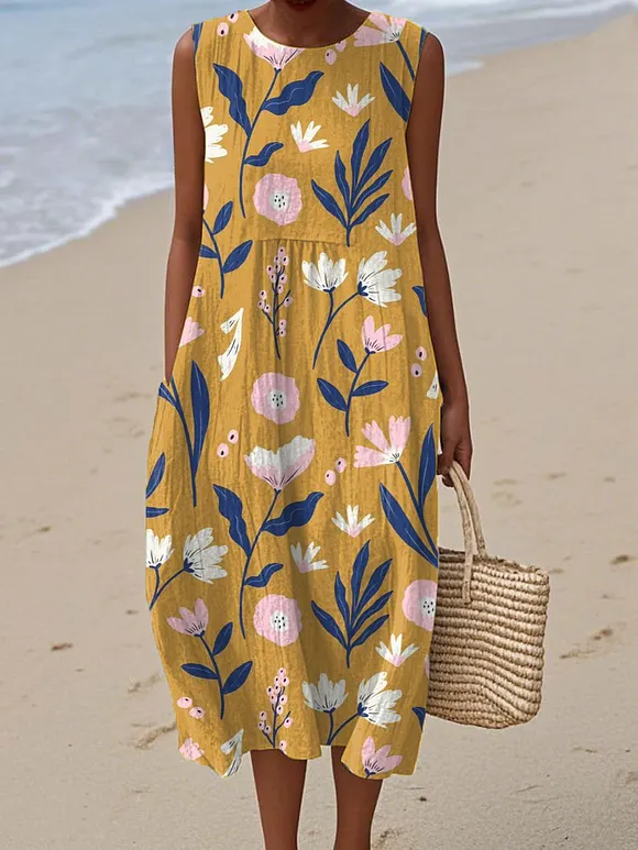 Women's  Vintage Floral Art Print Sleeveless Cotton Pocket Wrap Dress