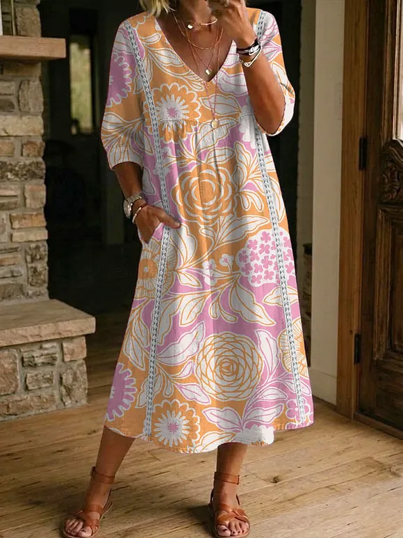 Women's Flower Print Casual Loose-fit Cotton-linen Dress With Lace Trim And Paneling