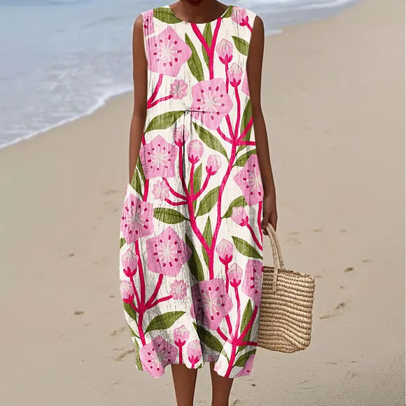 Women's Vintage Flower Art Print Sleeveless Cotton Pocket Wrap Dress