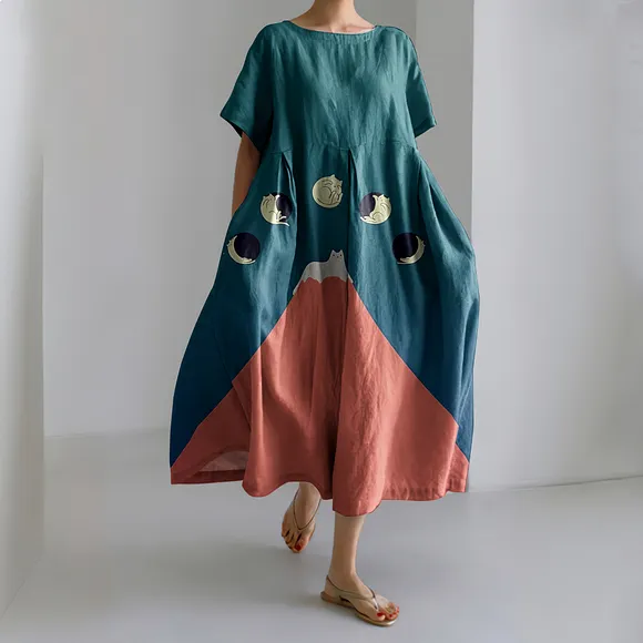 Abstract Creative Good Night Cat Painting Art Linen Blend Dress