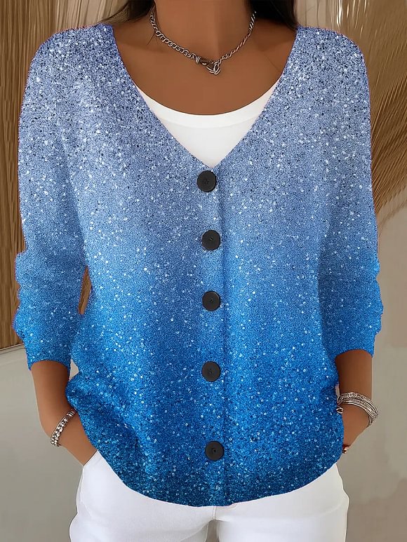 Women's Gradient Print V-Neck Long Sleeve Casual Loose Sequined Top