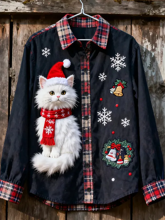 Women's Christmas Cat Print Casual Shirt