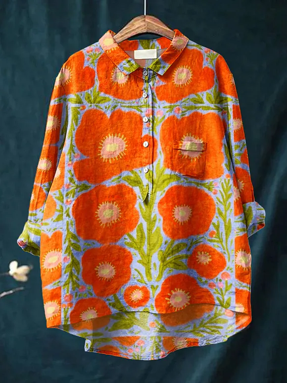 Women's Vintage Flowers Art Print Casual Cotton And Linen Shirt