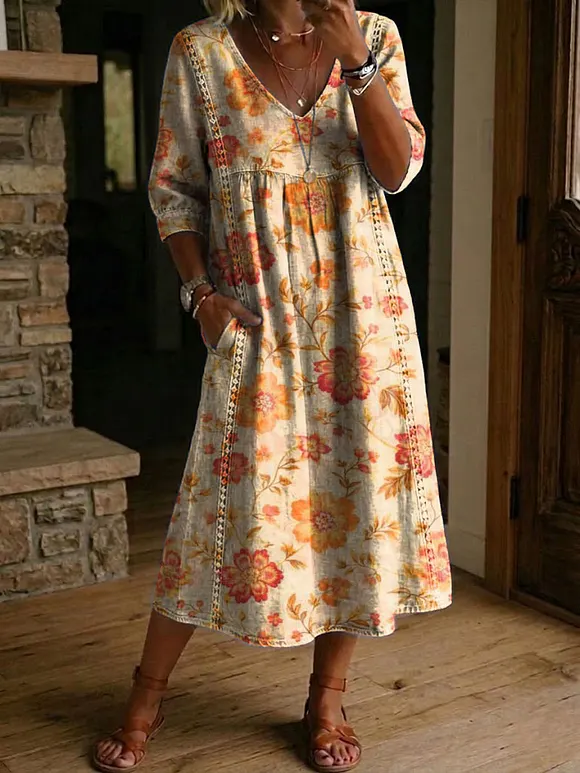 Women's Flower Print Casual Loose-fit Cotton-linen Dress With Lace Trim And Paneling