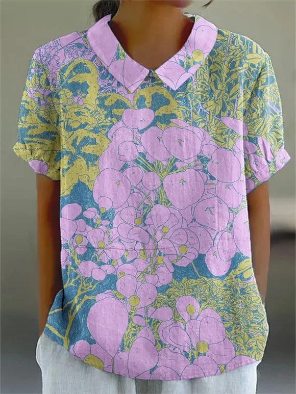 Women's Beautiful Flower Painting Art Print Casual Cotton And Linen Shirt