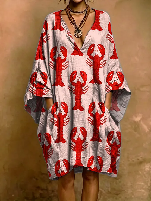 Lobster Decorative Pattern Woman‘s Short Sleeve Cotton Linen Dress
