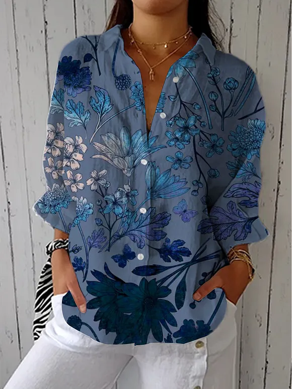 Women's Vintage Floral Art Print Casual Cotton Linen V-neck Shirt