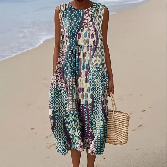 Women's Retro Abstract Geometric Texture Art Print Sleeveless Cotton Pocket Wrap Dress
