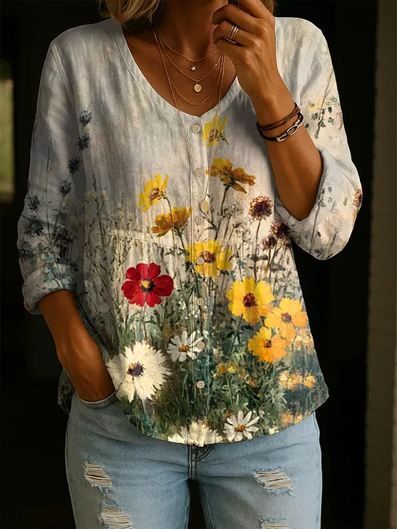 Women's Spring Flower Field Print Linen Cotton Shirt