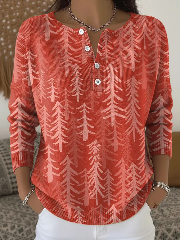 Women's Christmas Trees Pattern Art Print Buttoned Cardigan Sweater