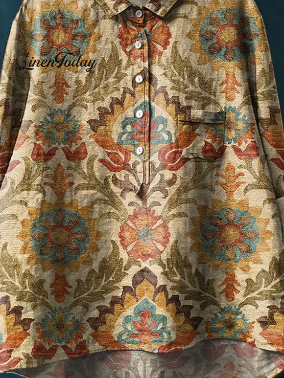 Women's Vintage Ethnic Floral Art Print Casual Cotton And Linen Shirt