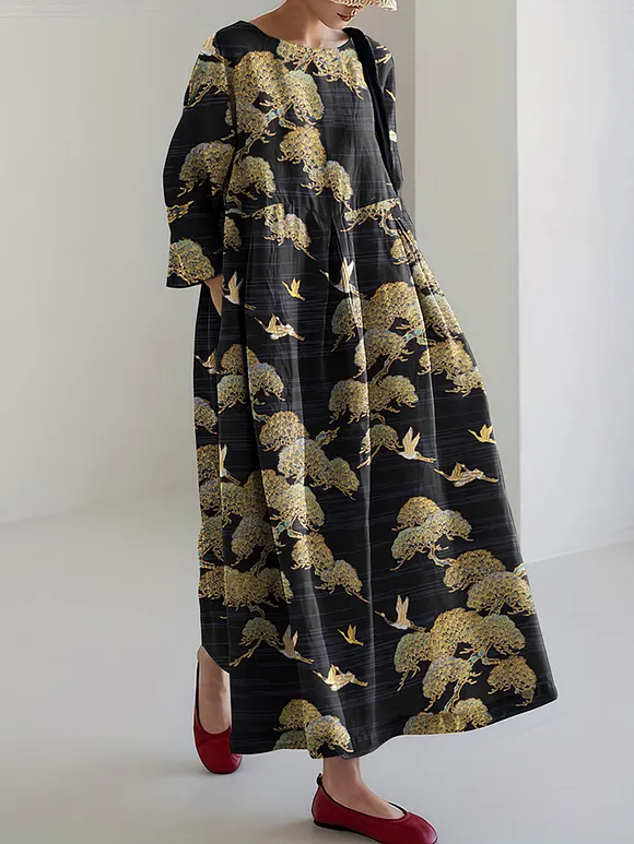 Japanese Art Crane Print Round Neck Loose Midi Dress