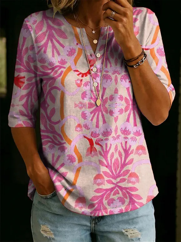 Women’s Floral Pattern Art Casual Classic Henley Collar 100% Cotton T-shirt