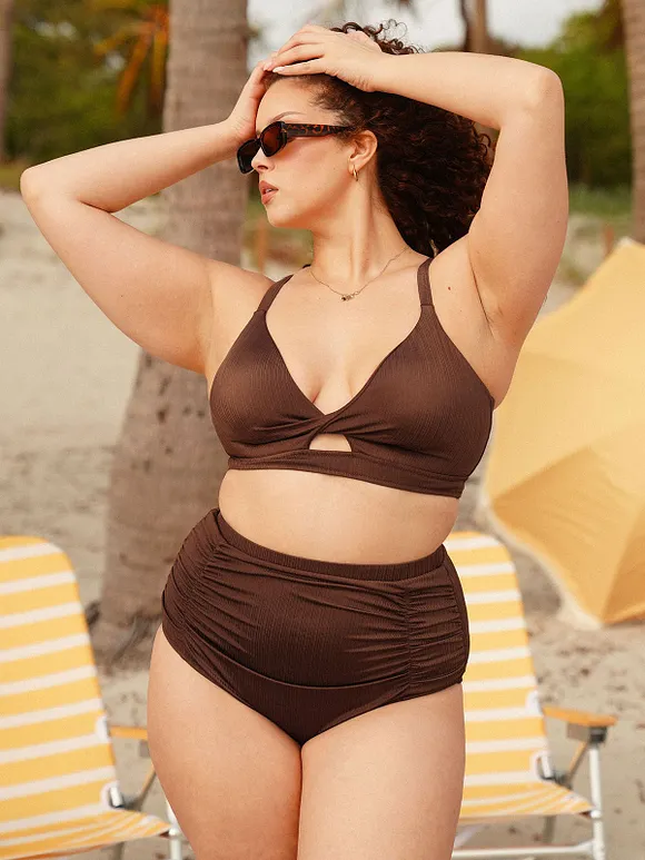 Coffee Twist Cutout Plus Size Bikini Top