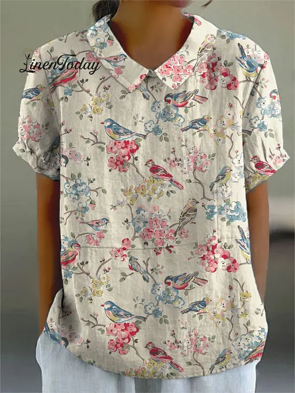 Women's Floral  Print Casual Cotton And Linen Shirt