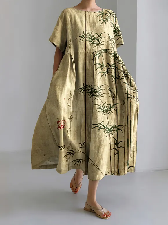 Bamboo Japanese Art Print Casual Loose Dress