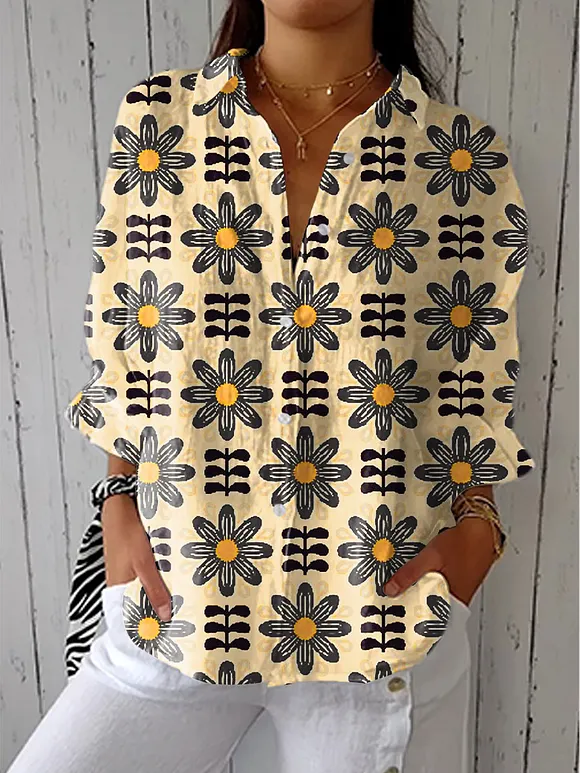 Women's Vintage Flower Art Print Casual Linen V-neck Shirt