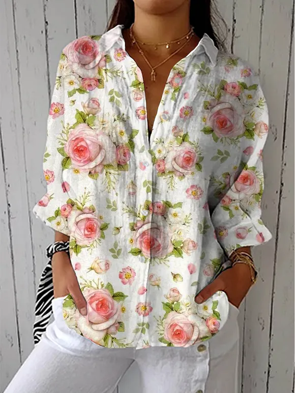 Women's Lovely Floral Art Print Casual Cotton Linen V-neck Shirt