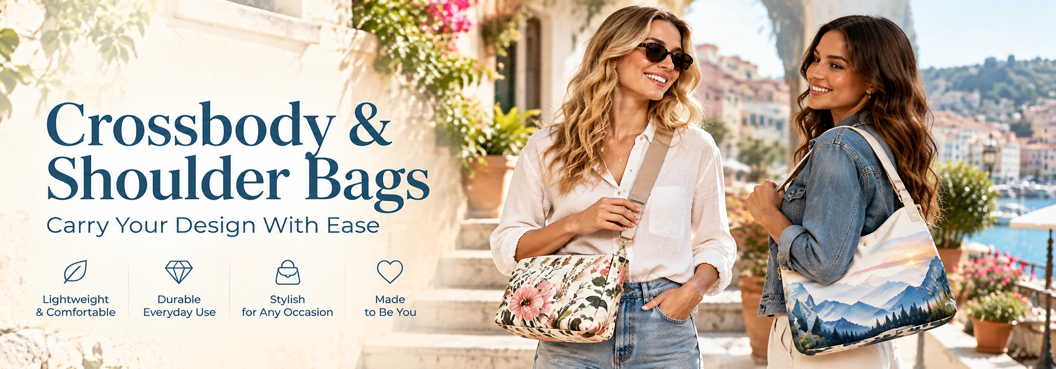 Personalized crossbody and shoulder bags banner with two women carrying custom printed bags