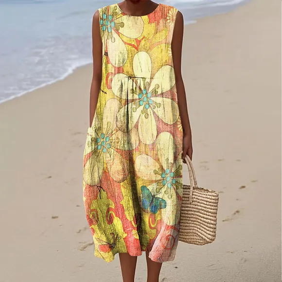 Women's Vintage Floral Pattern Art Print Sleeveless Cotton Pocket Wrap Dress