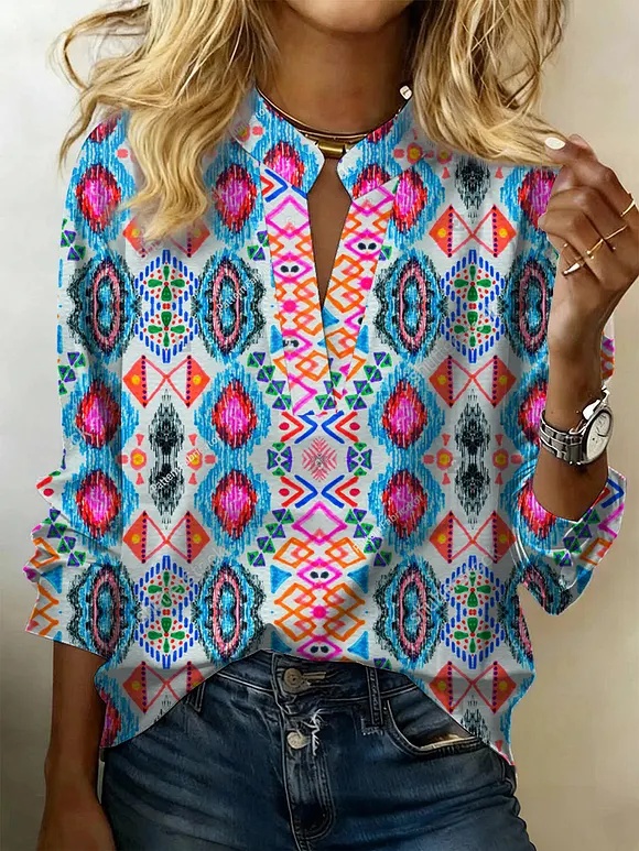 Women's Hippie Print V-neck Casual Cotton Shirt