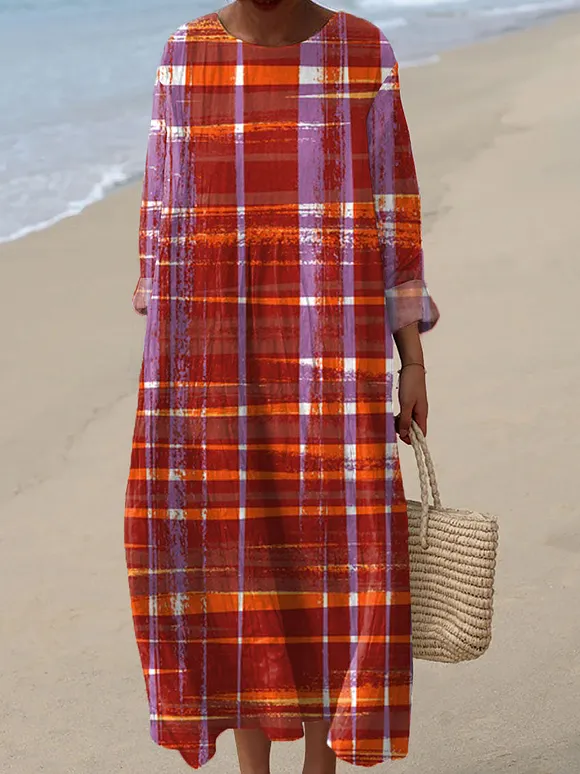 Women's Vintage Plaid Abstract Art Print Casual Dress
