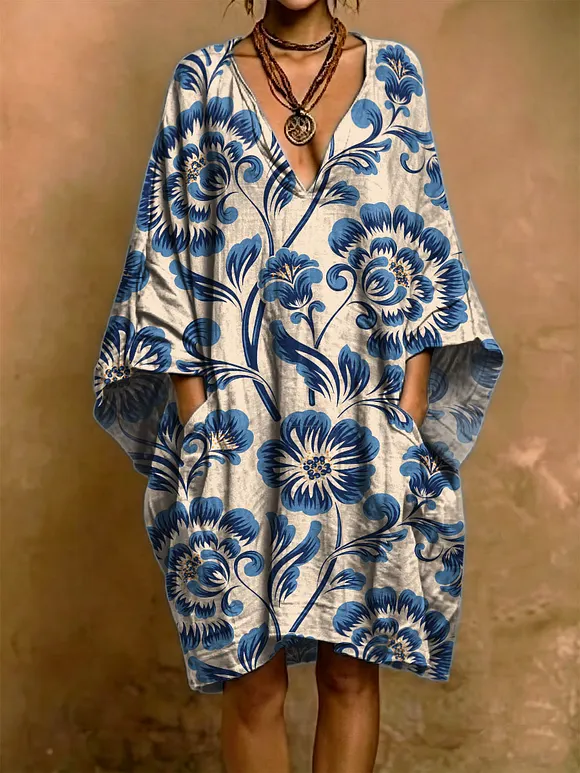 Retro Floral Decorative Pattern Woman‘s Short Sleeve Cotton Linen Dress