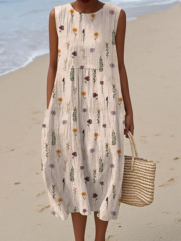 Women's  Vintage Floral Art Print Sleeveless Cotton Pocket Wrap Dress