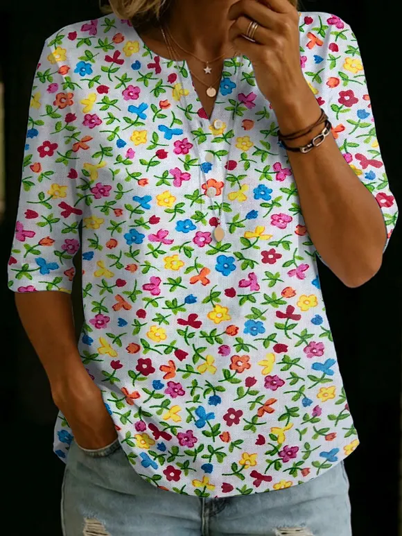 Colorful Floral Decorative Pattern Polo Collar Cotton Shirt