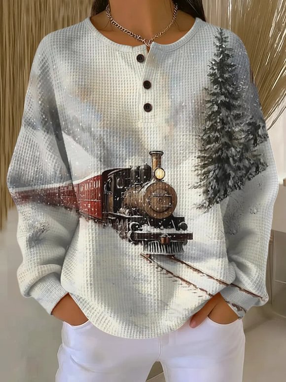 Women's Vintage Christmas Train Art Print Casual Cotton Waffle Sweatshirt