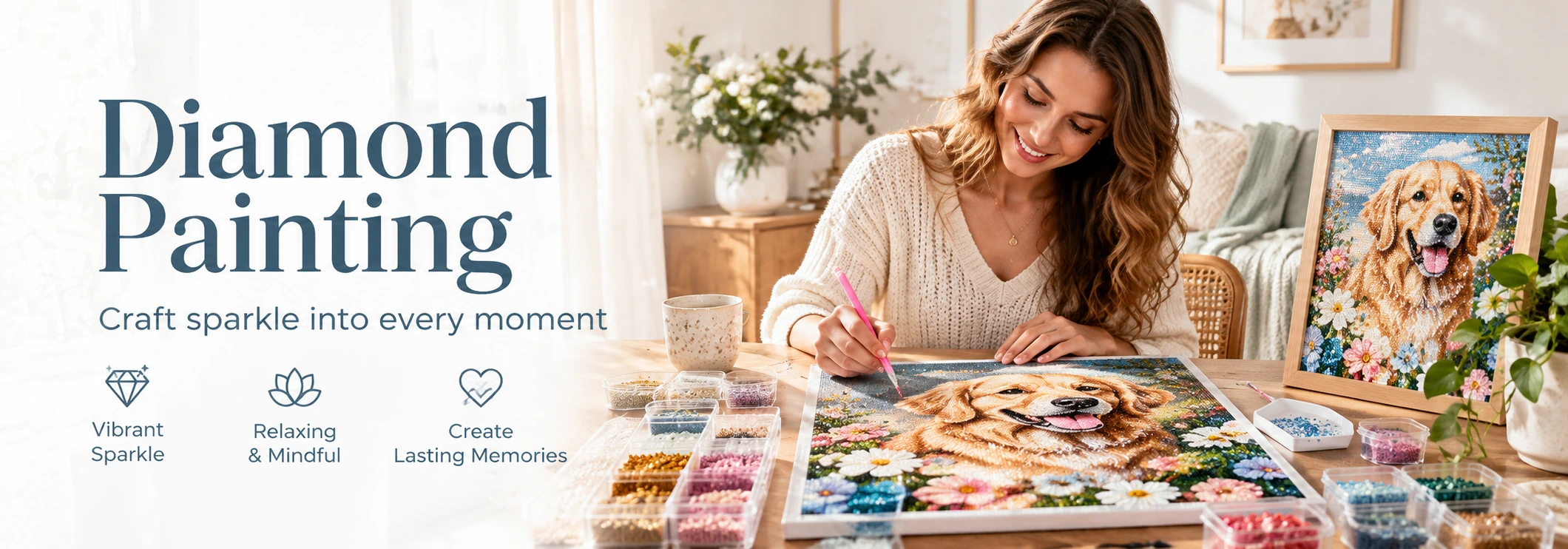 Custom diamond painting banner with a woman crafting a sparkling pet portrait art kit at home