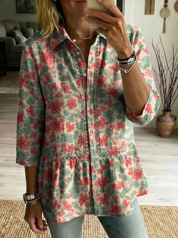 Floral Flowers Art Patterns Casual Patchwork Openwork Webbing Linen And Cotton Shirt